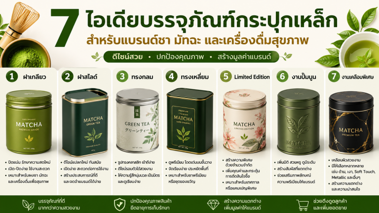 7 ไอเดียบรรจุภัณฑ์กระปุกเหล็ก สำหรับแบรนด์ชา มัทฉะ และเครื่องดื่มสุขภาพ